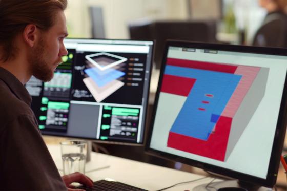 Ein blonder Mann sitzt vor einem Computerscreen mit einem 3D-Gebäudemodell darauf