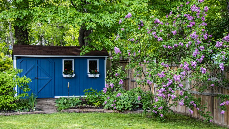 Blaue Gartenlaube mit braunem Dach in einem grünen Garten.