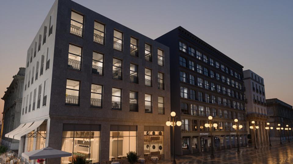 Häuserblock am Abend mit Himmerl